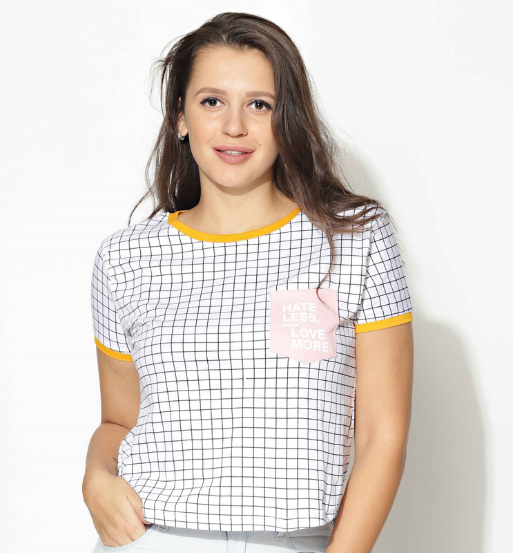 littleroot Checkered Women Round Neck White T-Shirt