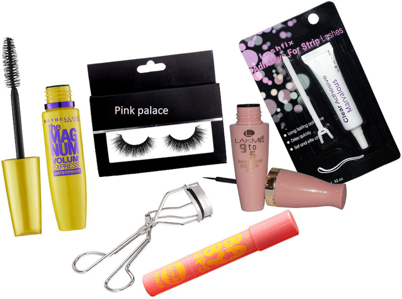 pink palace Eyelashes, Maybelline the magnum mascara, Lakme 9to5 eyeliner, eyelashes glue, eyelashes curler, Maybelline candy wow lipbalm(6 Items in the set)