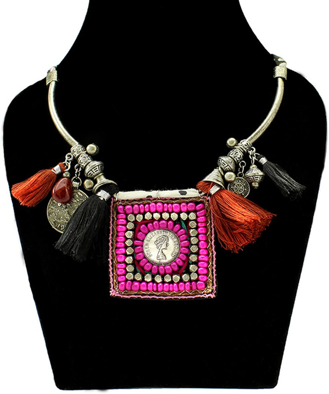 fashionly Black Maroon Tassel Coin Antic Black Silver Plated Fabric, Alloy Necklace