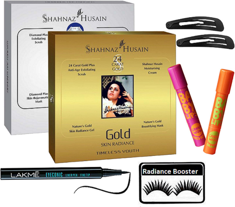 radiance booster Eyelashes & Shahnaz Husain Dimond Plus & Gold Radiance Facial Kit & Lakme Eyeconic Eyeliner & Maybelline Baby lip Balm (Pack Of 2) & Hair Clip 2(8 Items in the set)
