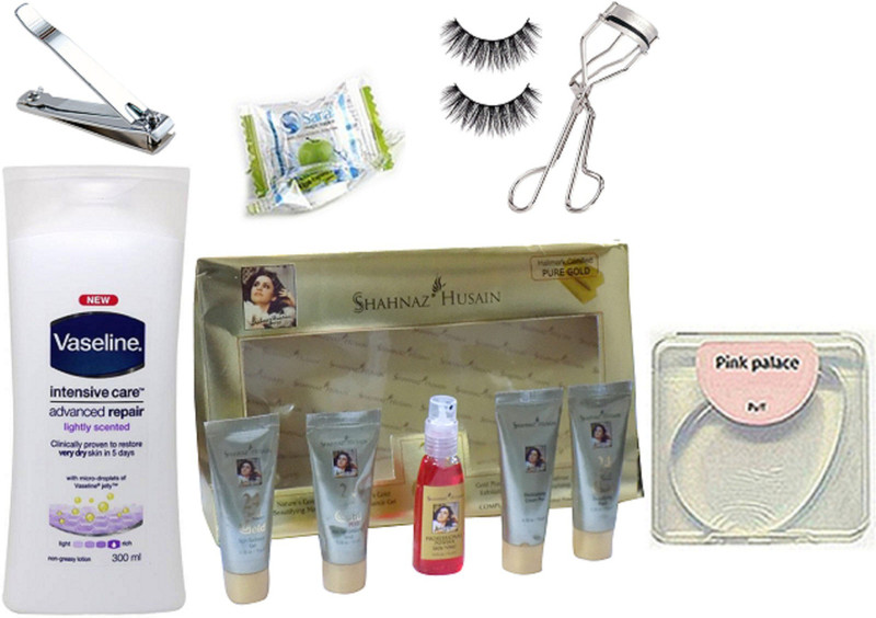 pink palace Silicon puff, Nail clipper, eyelashes, eyelashes curler, Vaseline intensive care advanced repair body lotion, magic napkin, Shahnaz Husain gold facial kit(Set of 7)