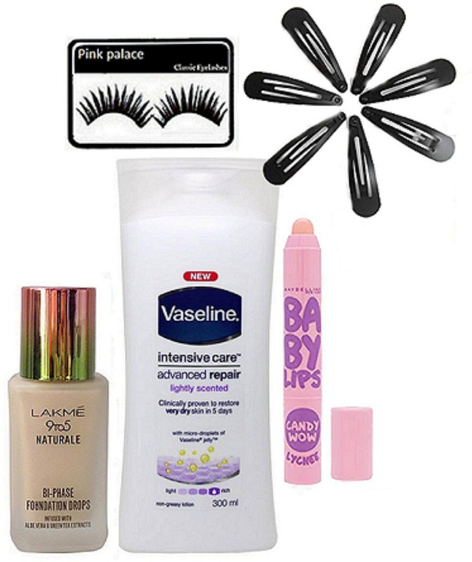 pink palace Eyelashes, foundation, lip balm, repair body lotion, hair clips pack of 7(11 Items in the set)