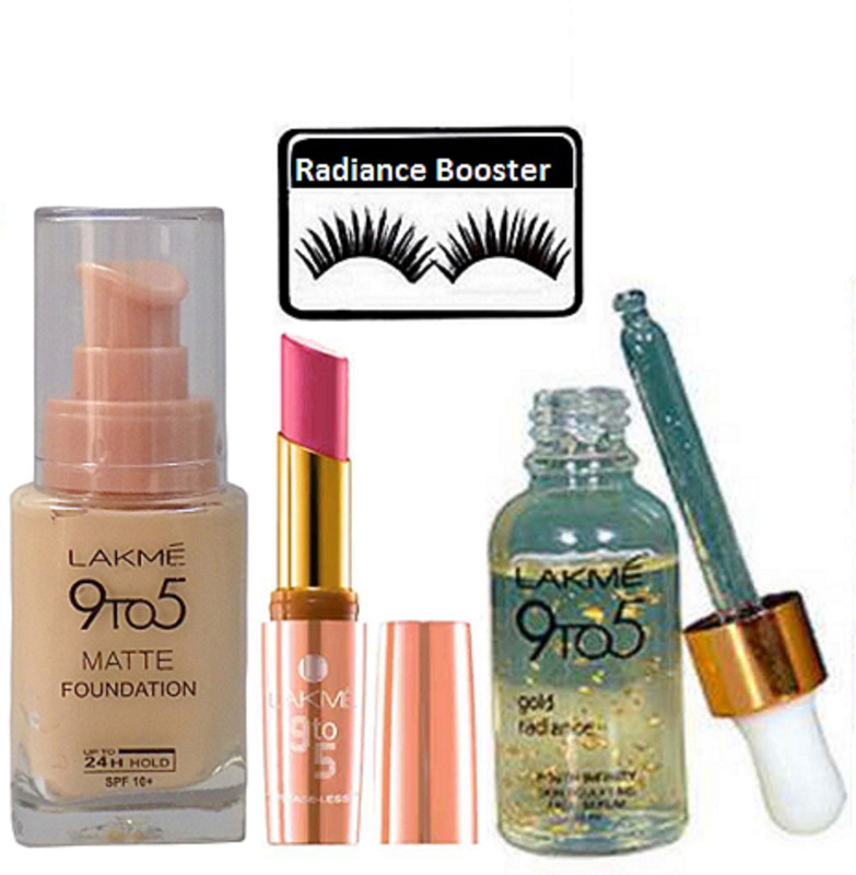radiance booster Eyelashes & Lakme 9 to 5 Matte Foundation & Gold Radiance Face Serum & Lipstick(Set of 4)