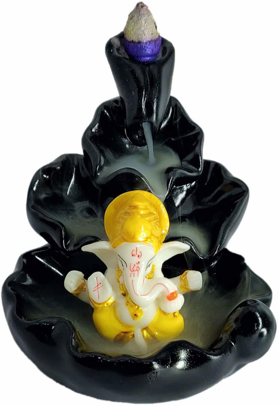 zart Ganesha Smoke Fountain Backflow Cone Incense Holder Decorative Showpiece Idol with Free 10 Back Flow Incense Cones with Wooden Plate Decorative Showpiece  -  11 cm(Polyresin)
