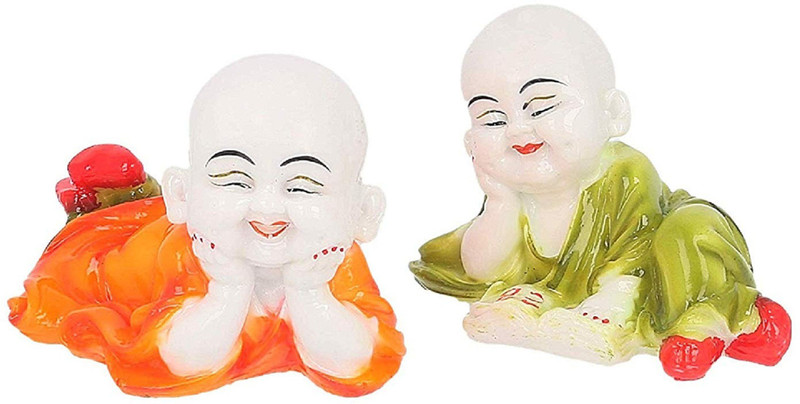 zart Ceramic Lucky Monk Baby Buddha Reading Book Statue | Decorative Showpiece Figurine (Set of 2) Size - (L- 7.6 cm x W- 7.6 cm x H- 7.6 cm) Multicolor Decorative Showpiece  -  7.6 cm(Ceramic)
