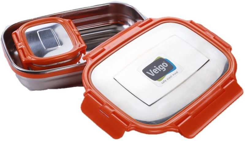 veigo Lock N Steel 100% Air Tight 2 Pcs Jumbo and Small Container (Pearl Orange) 2 Containers Lunch Box(720 ml)