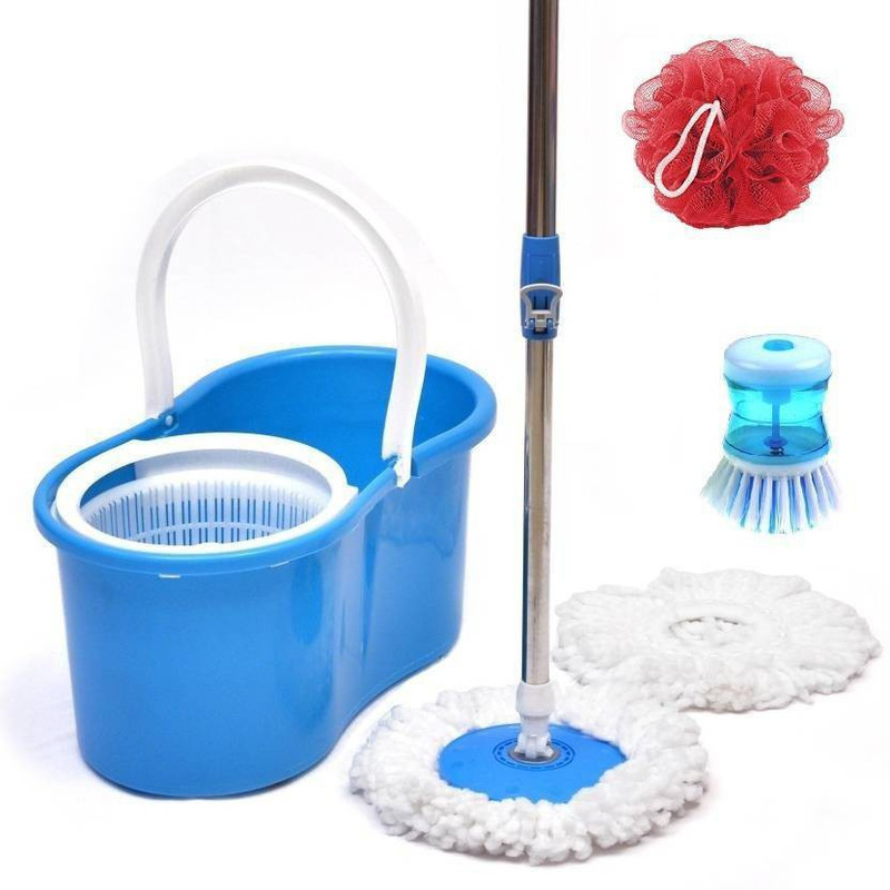 futurezone 360 Spin Mop Rotating Steel Pole & Plastic Bucket with 2 Microfiber Head,1 sink brush,1 bath loofah P5511 Mop Set Mop Set