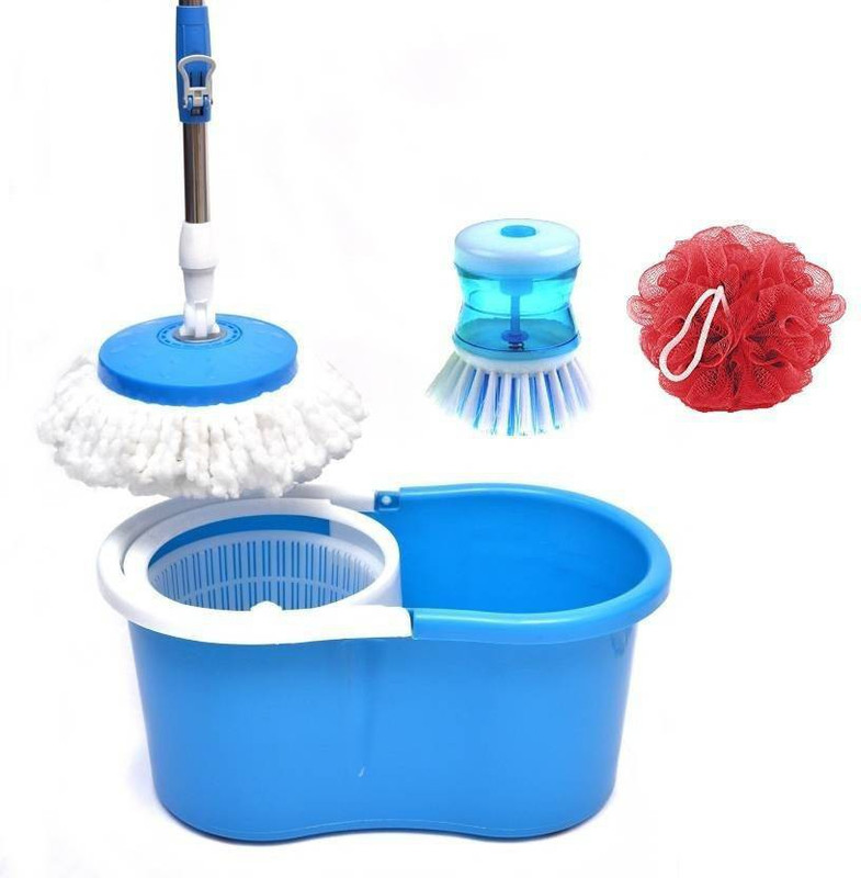 futurezone 360 Spin Mop Rotating Steel Pole & Plastic Bucket with 2 Microfiber Head,1 sink brush,1 bath loofah P110 Mop Set Mop Set