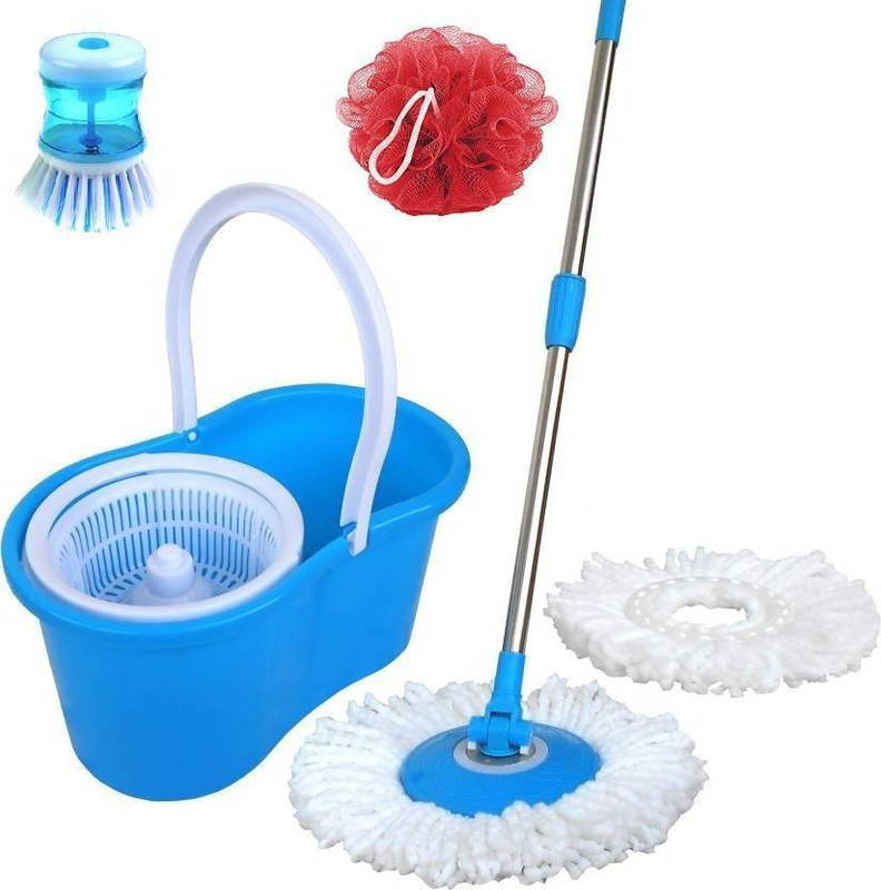 futurezone 360Ã?Â° Spin Mop Rotating Steel Pole & Plastic Bucket with 2 Microfiber Head,1 sink brush,1 bath loofah P152 Mop Set Mop Set