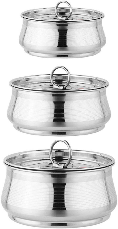 sahajavi 6 Pcs Stainless Steel Cooking Induction & Gas Stove Friendly Belly Shape Storage Container/Top/Cookware/Serving Dish Set With Lids Handi 1.5 L, 2 L, 0.85 L with Lid(Stainless Steel, Induction Bottom)