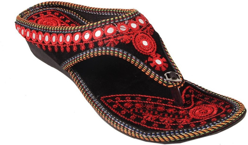 shukhi Women Red, Black Wedges