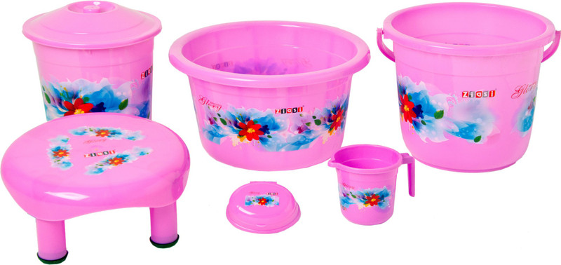 ziasi Present High quality product with Flower printed Bathroom Accessories 6 Pcs Set Pink (Balti 16.0 ltr, 18 L Plastic Bucket, Round Waste Container with Lid 11.0 Ltr, Mug 1 ltr, Soap Dish, Comfort Stool) 46 L Plastic Bucket(Pink)
