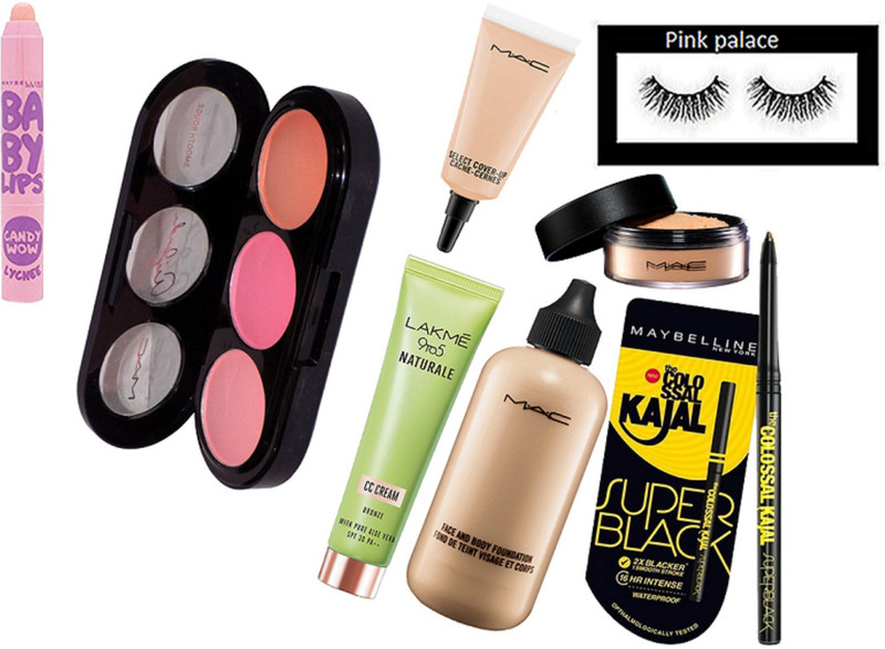 pink palace Eyelashes,3 shadeblush, select cover up concealer,face and body foundation, loose powder,naturale CC cream,, Colossal kajal, lip balm(Set of 8)
