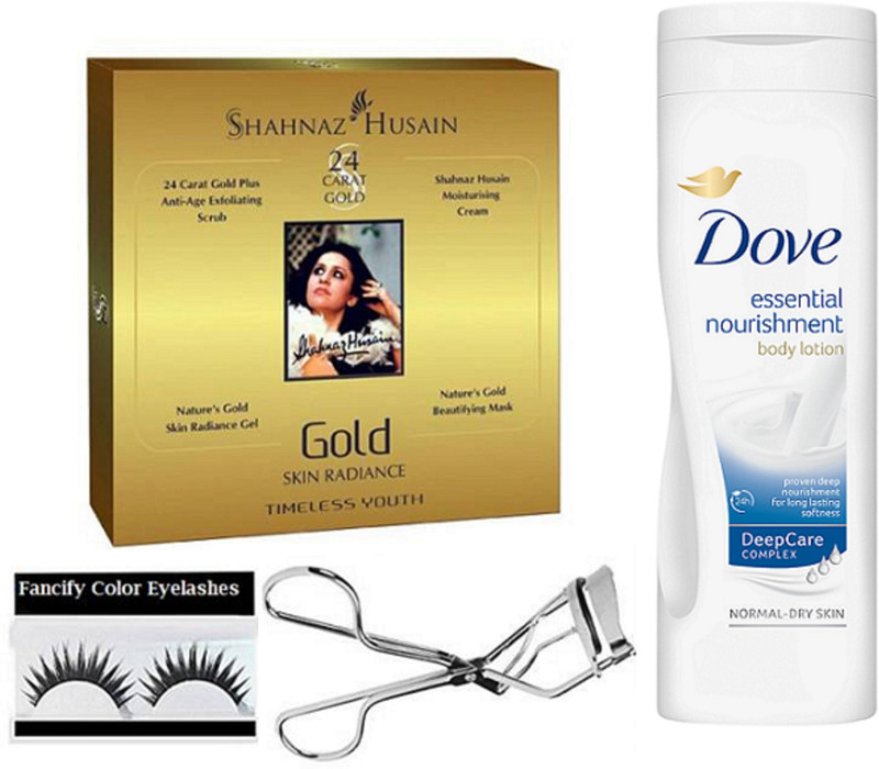 fancify combo Eyelashe & Gold Facial Kit,Intensive Care Advanced Repair Body With eyelashes Curler(set of 4)(Set of 4)