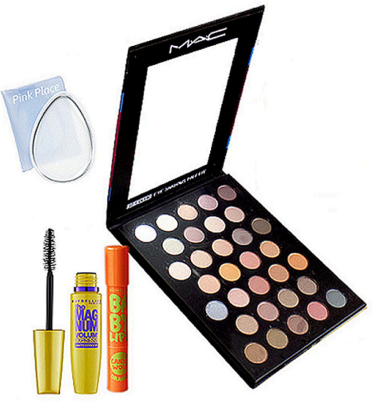 pink palace Silicon puff, 32 shade eye shadow palette, Maybelline the mag num mascara, candy wow lip balm(4 Items in the set)