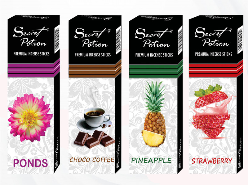 secret potion Premium Agarbatti Incence Sticks Combo Pack Of 4 Fragrance 100gm Each Chocolate Coffee, Strawberry, Ponds Flower, Pineapple Agarbattis(100 g)