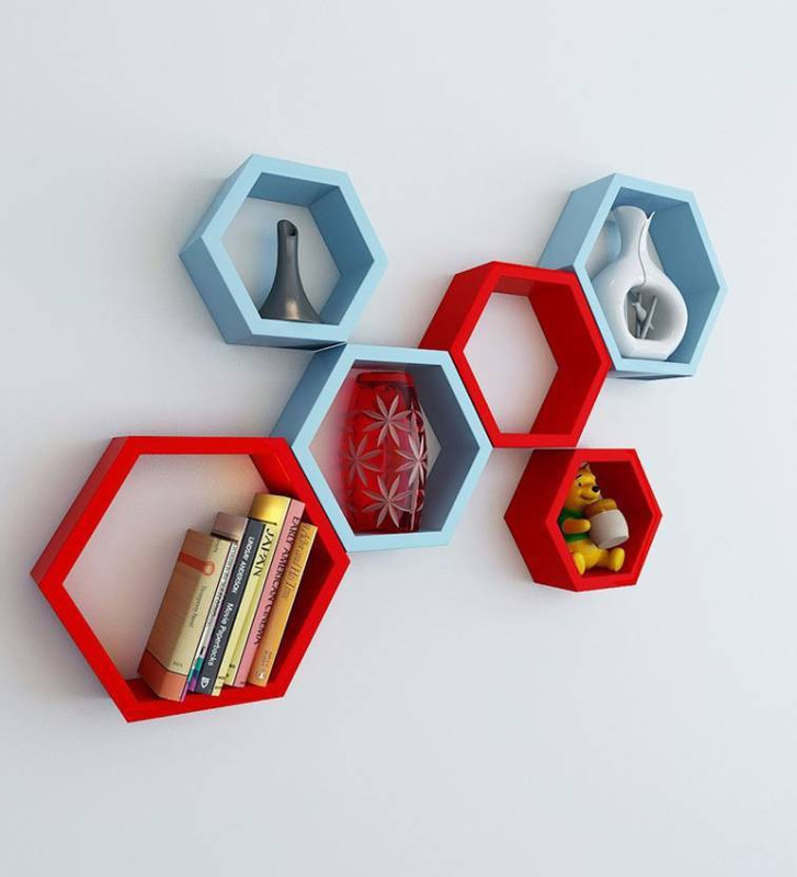 woodsy wooden wall decor Wooden Wall Shelf(Number of Shelves - 6, Blue, Red)