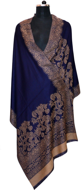 weavecrafts Cotton Viscose Blend Printed Women Shawl(Dark Blue, Beige)