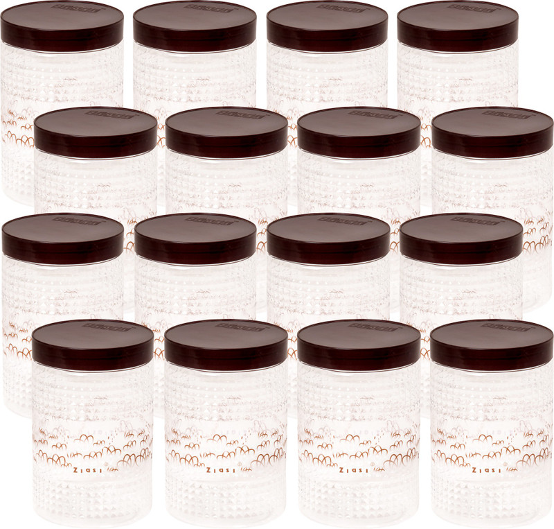 ziasi Present Storage Round Jar Brown leaf Printed set of 16 (1000x16)ml  - 16 L Plastic Fridge Container, Spice Container, Tea Coffee & Sugar Container(Pack of 16, Brown)