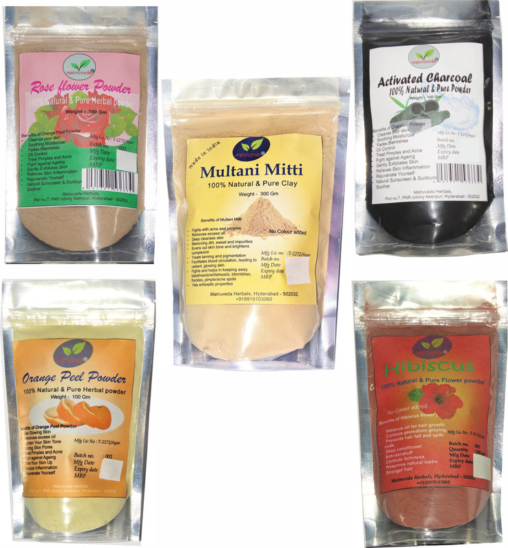matruveda 100% pure face pack 5 in 1 combo - Activated Charcoal powder 100gm, Orange peel 100gm, Rose flower powder 100gm, Hibiscus flower face care powder 100gm & Multani mitti 300gm(700 g)