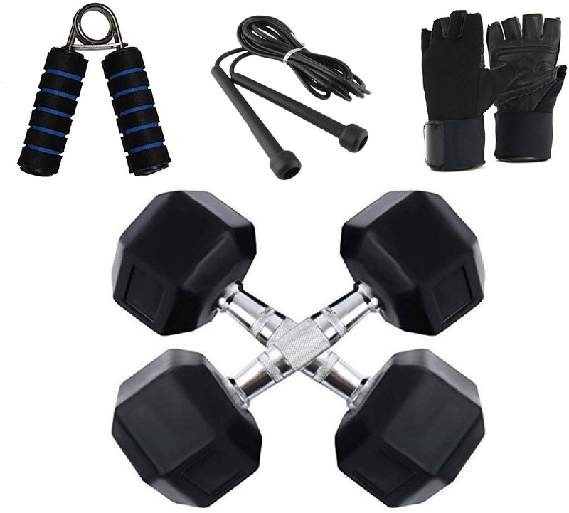 Krazy Fitness 2'kg X 2 Pieces Hex Dumbbells + Mesh Gym Gloves + Speed Skipping Rope + Foam Handle Hand Grip Gym & Fitness Kit