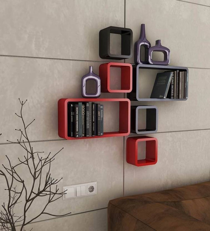 khan handicrsfts WOODEN WALL SHELF CUBE SHELF MDF (Medium Density Fiber) Wall Shelf(Number of Shelves - 6, Red, Black)