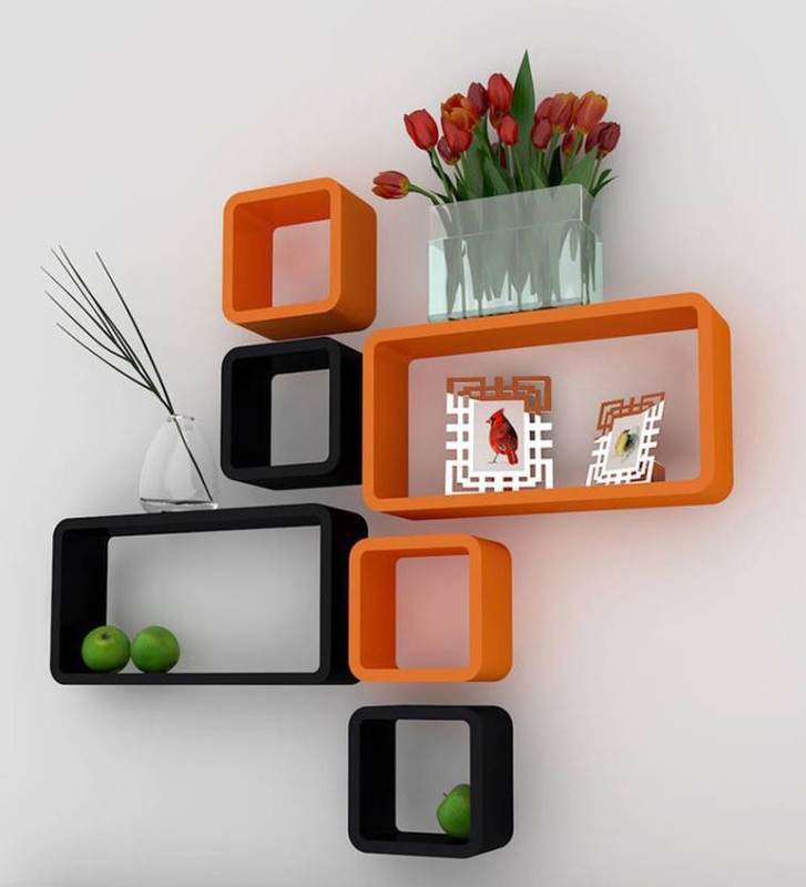 khan handicrsfts WOODEN WALL SHELF CUBE SHELF MDF (Medium Density Fiber) Wall Shelf(Number of Shelves - 6, Orange, Black)