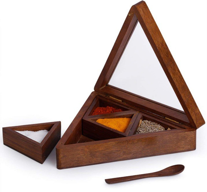 the bells Table top Masala containerscum Kitchen Spice Box/Dry Fruit Box with Fiber  - 200 ml Wooden Spice Container(Brown)