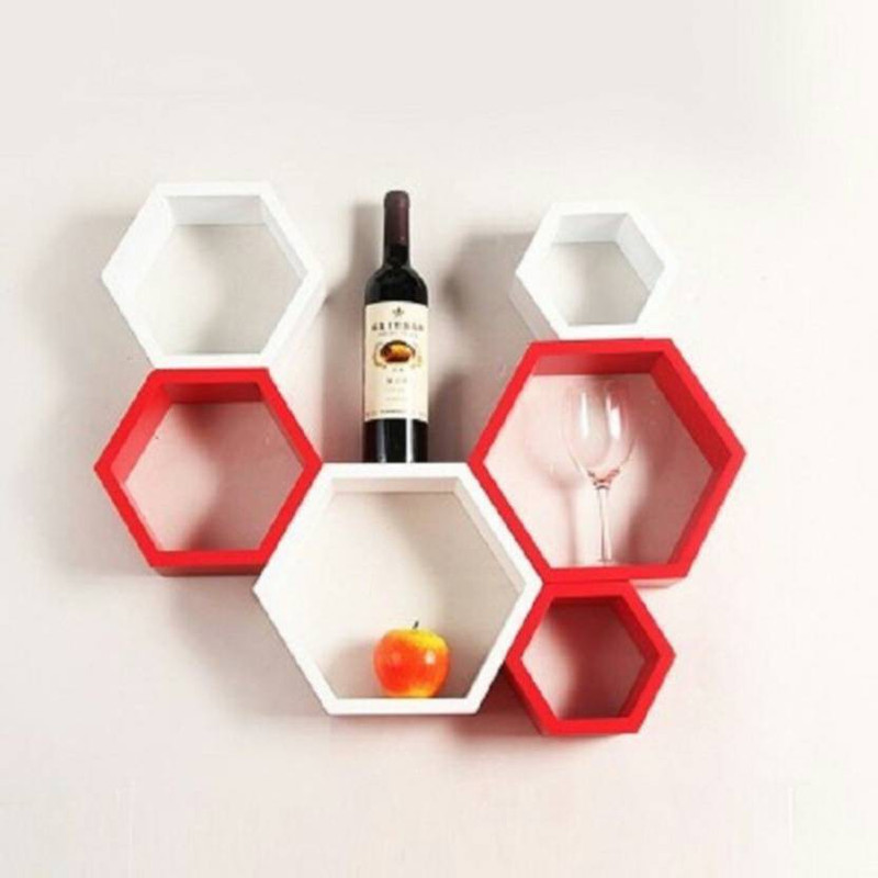 exterme wood WOODEN HEXAGON SHAPE WALL SHELF MDF Wall Shelf (Number of Shelves - 6, Red, White) Wooden Wall Shelf(Number of Shelves - 6, Multicolor)