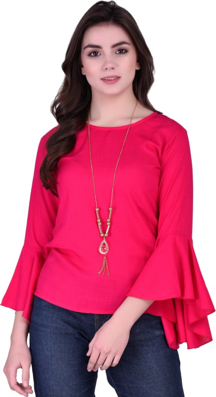 VAANYA Casual Bell Sleeve Solid Women Pink Top