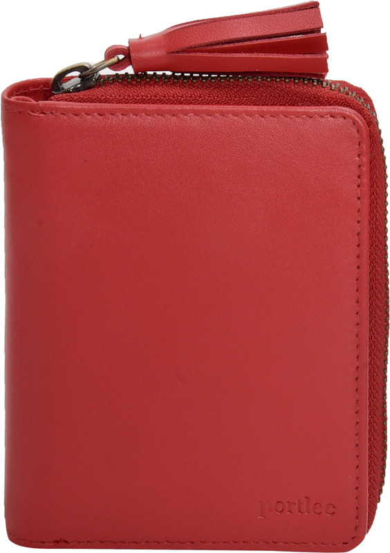 portlee Women Casual Red Genuine Leather Wrist Wallet(6 Card Slots)