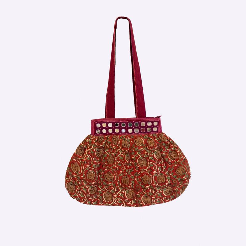 Lambani Embroidery Dark Red flowered Hand Bag with paisley print mirror border Multipurpose Bag(Red, 4 inch)