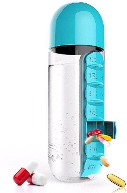 futurewizard High Quality Multipurpose 2 in 1 Pill/Medicine Water Bottle 600 ml Plastic Bottle(Pack of 1, Blue)