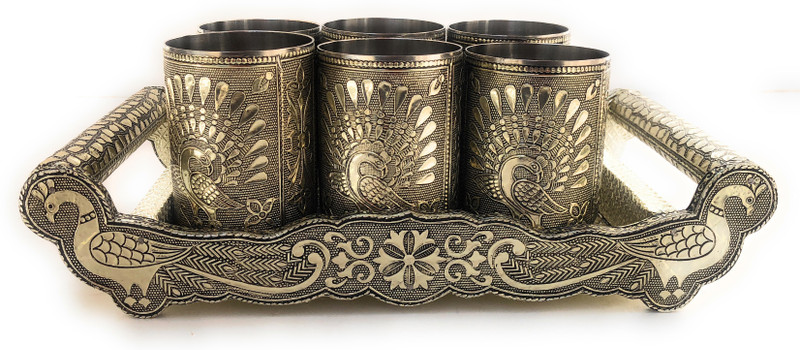 navrang Glass Tray Serving Set , Oxidize Glass, Handicraft Tray, Oxidized Peacock Design Glass Tray with Handle Glass Tray Set(Woodem, Steel, Aluminium)
