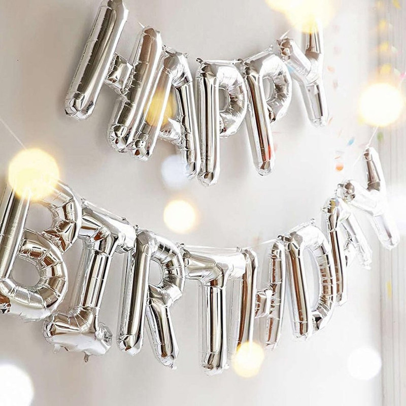 mimu shop Solid Solid (16 Inch) Happy Birthday Letter Foil Balloon Birthday Party Supplies , Happy Birthday Balloons For Party Decoration - Silver Letter Balloon Letter Balloon(Silver, Pack of 13)