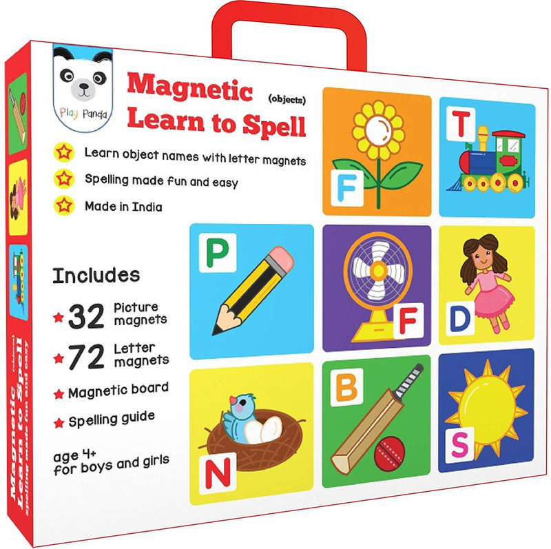 play panda Magnetic Learn to Spell : Objects with 32 Picture Magnets, 72 Letter Magnets, Magnetic Board and Spelling Guide(Red)