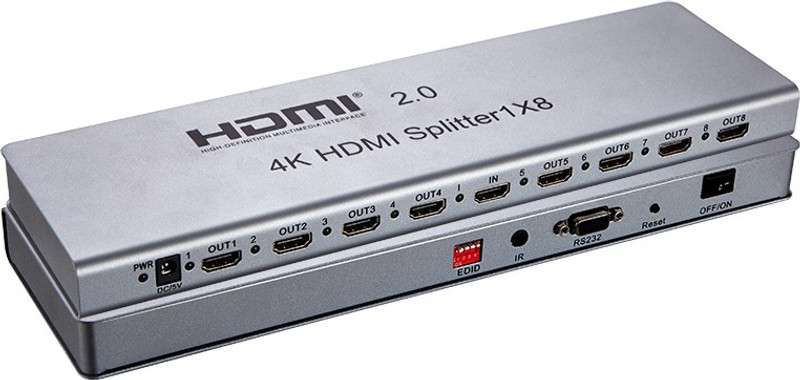 microware HDMI Splitter V2.0 1 In 8 Out Full Ultra HD 4K/2K 3D Resolutions with IR Extension EDID Management RS232 for Monitors Projectors DVD Player A/V Receiver Set Top Box etc Media Streaming Device(Silver)
