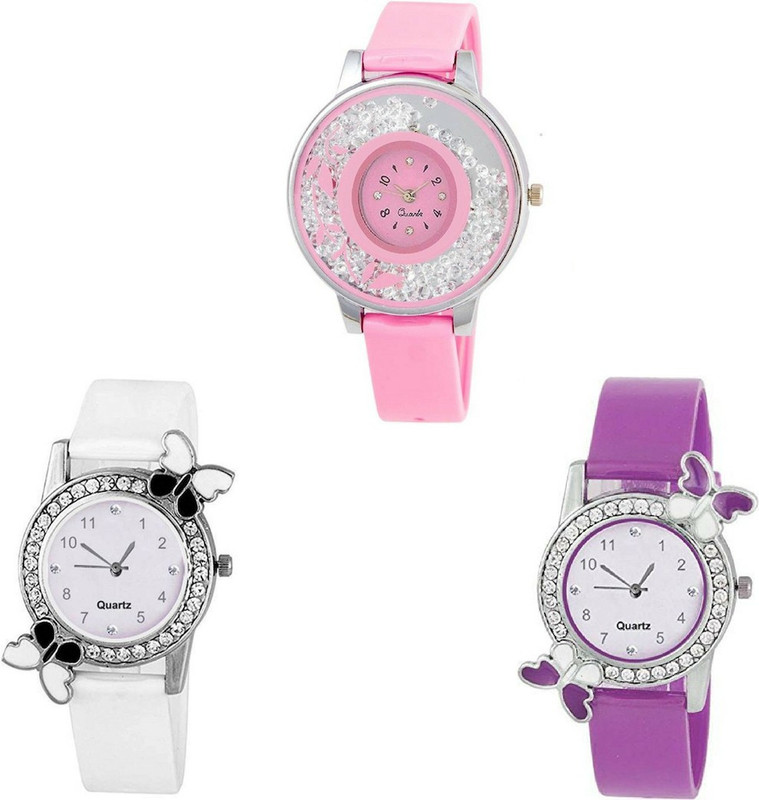 vk sales Pink & Blue & Purple Exclusive Collection of Watch |Combo of 3 Watch | Butterfly Design With Diamond | Analogue Quartz Watch | Diamond Case | Multicolor Ordinary Rubber Belt | Awesome Dial | Party & Wedding Wear Analog Watch  - For Girls