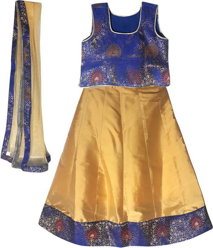 fashion direction Girls Lehenga Choli Party Wear Self Design Lehenga, Choli and Dupatta Set(Gold, Pack of 1)