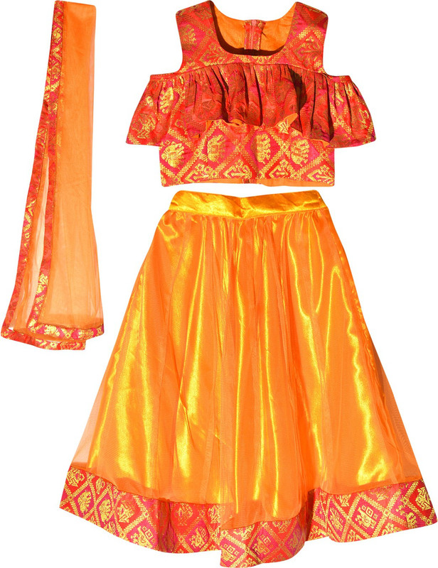 fashion direction Girls Lehenga Choli Party Wear Woven Lehenga, Choli and Dupatta Set(Orange, Pack of 1)