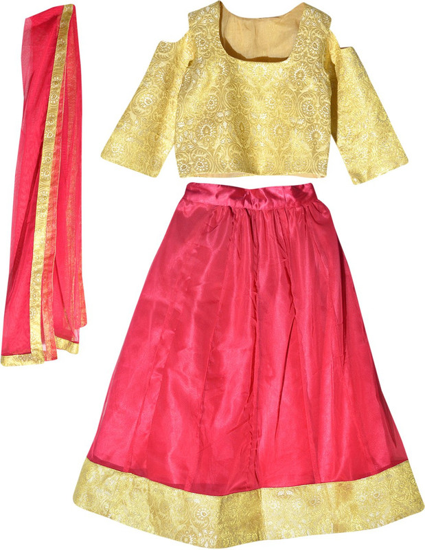 fashion direction Girls Lehenga Choli Party Wear Woven Lehenga, Choli and Dupatta Set(Pink, Pack of 1)