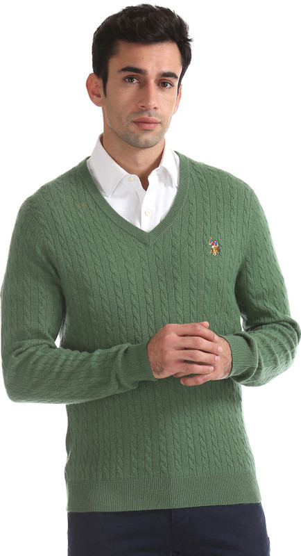 U.S. Polo Assn Self Design V-neck Casual Men Green Sweater