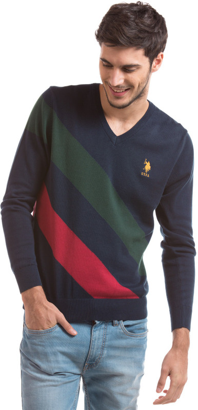 U.S. Polo Assn Striped V-neck Casual Men Dark Blue Sweater