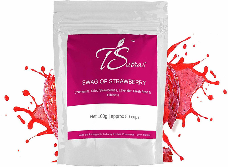 tsutras Tea Sutras Swag of Strawberry Tea Blend With Premium Black Tea, Strawberry, Lavender, Hibiscus, Rose & Chamomile , Consumed Hot Or As Iced Tea - Promotes Sleep, Relaxes Body and Increases Immunity - Zero Sugar Strawberry, Hibiscus, Chamomile, Lavender, Rose Herbal Infusion Vacuum Pack(100 g)