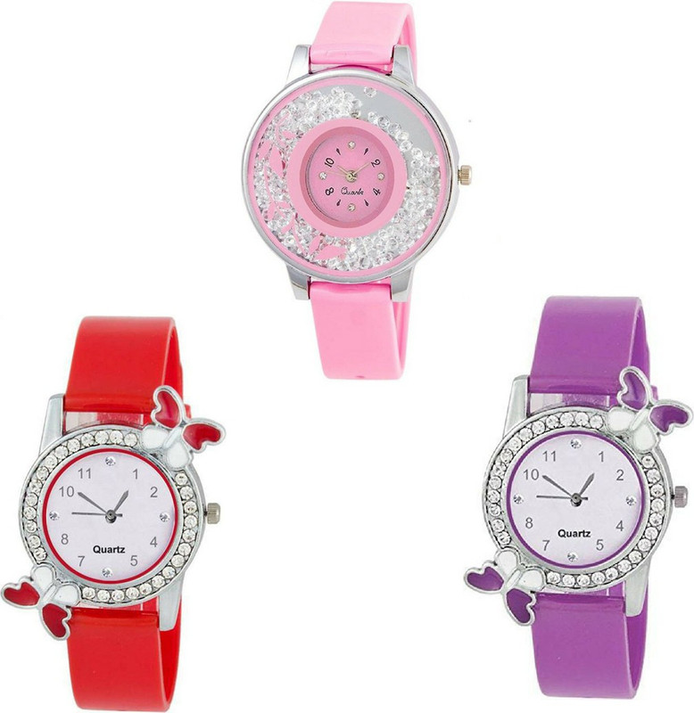 vk sales Pink & Red & Purple Exclusive Collection of Watch | Butterfly Design With Diamond | Combo of 3 Watch | Analogue Quartz Watch | Diamond Case | Multicolor Ordinary Rubber Belt | Pink & White Dial | Party & Wedding Wear Analog Watch  - For Girls