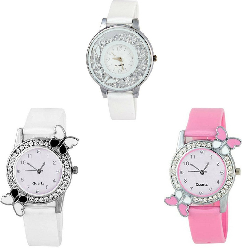vk sales White & Blue Exclusive Collection of Watch | Butterfly Design With Diamond |Combo of 3 Watch | Analogue Quartz Watch | Diamond Case | Multicolor Ordinary Rubber Belt | Blue & White Dial | Party & Wedding Wear Analog Watch  - For Girls