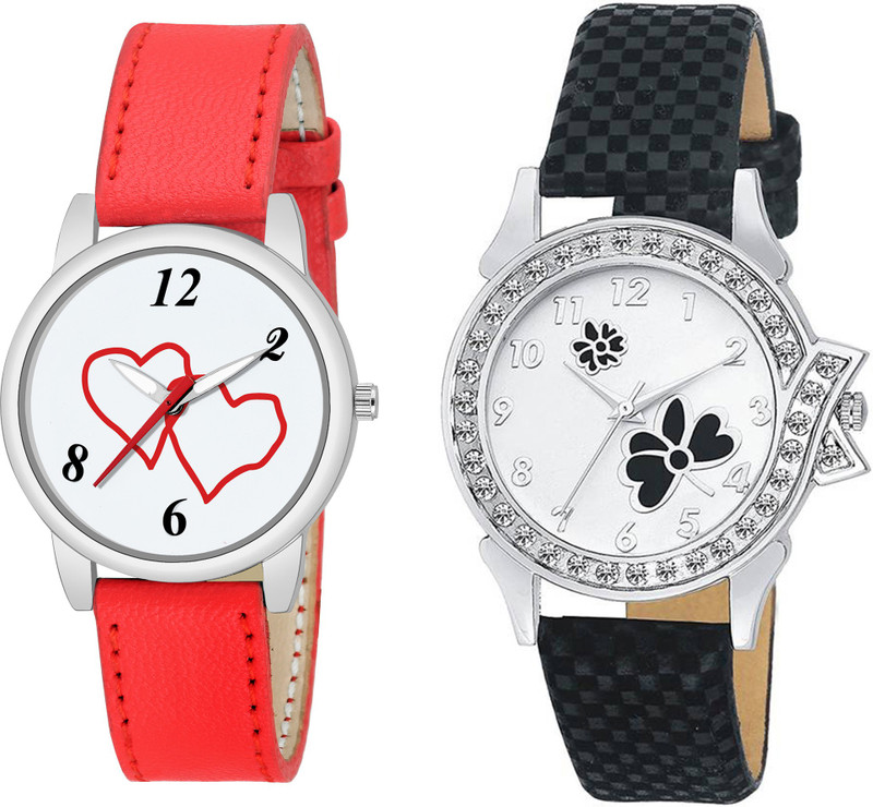 leaperd Stylish Heart In LOVE Pattern Combo Of Two Italian Strap Women And Girls KK~41 Analog Watch  - For Women