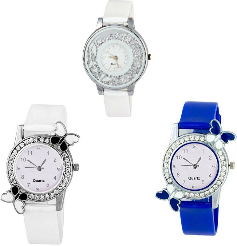 vk sales White & Blue & White Exclusive Collection of Watch | Butterfly Design With Diamond | Analogue Quartz Watch | Combo of 3 Watch | Diamond Case | Multicolor Ordinary Rubber Belt | Blue & White Dial | Party & Wedding Wear Analog Watch  - For Girls