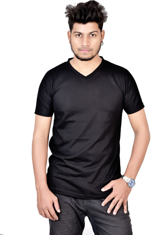 full stop apparel Solid Men V Neck Black T-Shirt