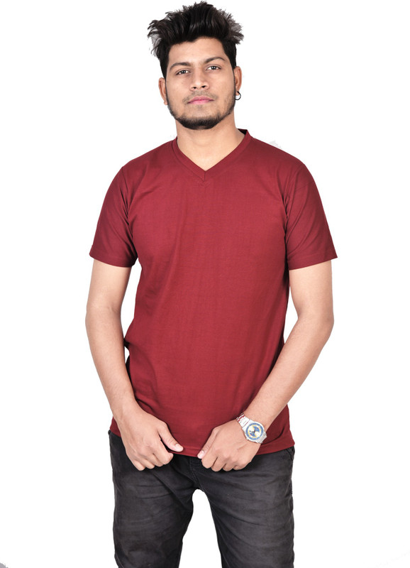 full stop apparel Solid Men V Neck Maroon T-Shirt